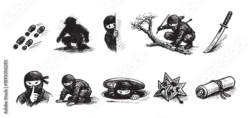 Vector image of several ninja-related icons in black and white: ninja in hiding, jumping, sword, scroll, star, and footprints. Great for martial arts themes.