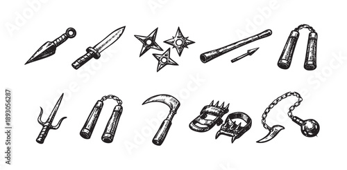 Detailed sketch illustration showing various ninja weapons including throwing stars, swords, nunchucks, sai and more, isolated against a clean white background.