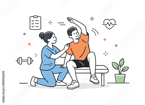 Physiotherapy Check-Up Scene. Physiotherapy session check-up. A physiotherapist observes a patient?s movement while gently guiding an exercise. Supportive