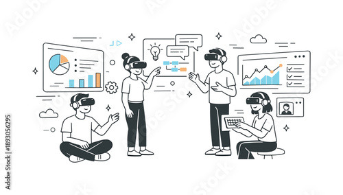 Immersive Virtual Workspace. Virtual reality team workspace. Remote colleagues connected in a virtual room with digital dashboards. Modern teamwork and
