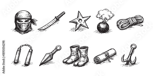 Hand-drawn illustration featuring assorted ninja weapons and gear, perfect for action, design, or historical-themed artwork.