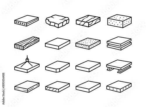 Slab Icon Collection. Slab. Line icon set of Slab: concrete slab, stone slab, marble slab, granite block, wooden plank, large rectangular slab, textured
