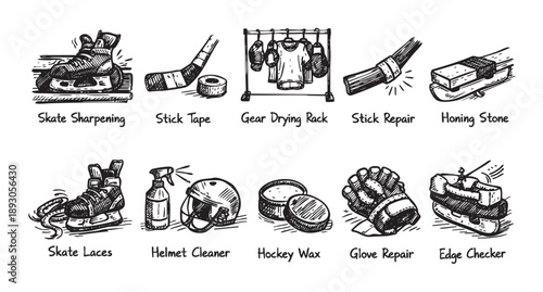Hand-drawn vector illustration showcasing various hockey equipment maintenance and repair tools in a doodle style, perfect for sports equipment guides and instructional materials.