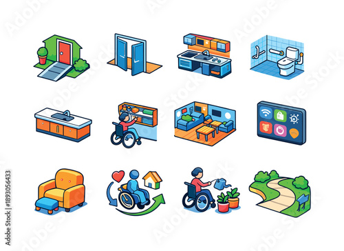 Accessible Living Icons. Accessible Living. Colorful isometric vector icons set of Accessible Living: accessible home entrance, wide doorway, adapted kitchen,