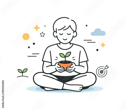 Cultivating Growth Mindset. Growth mindset. A simple character nurturing a small plant while maintaining a calm, centered posture. The mood