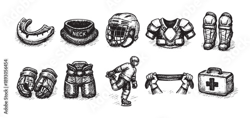 A hand-drawn sketch illustration of hockey equipment and player, including helmet, pads, gloves, and medical kit, isolated against a white background, useful for sports or design projects.
