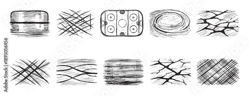 A set of ten black and white hand-drawn illustrations of different textures, patterns, and a stylized ice rink, for backgrounds or design elements.