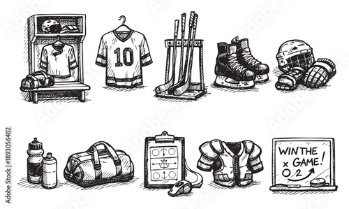 Hand-drawn illustration of hockey gear, including skates, sticks, helmet, jersey, water bottles, bag, clipboard strategy, and a whiteboard with game plan.