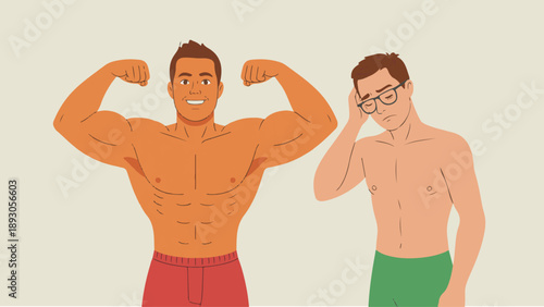 Muscular bodybuilder flexing next to thin weak man for fitness comparison, bodybuilding goals, and self-confidence concept.