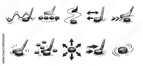 Illustration set features hand drawn style hockey stick diagrams showing puck movement, a playful design for sports themed projects.