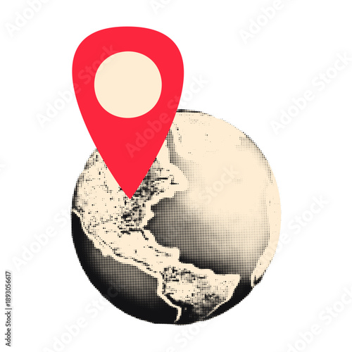 Planet Earth with big red location pin on top halftone art collage cut out element. Travel, delivery, destination concept, sticker with dotted texture and doodle Modern retro vector illustration 