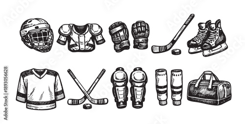 An illustration of hockey gear including a helmet, skates, pads, jersey and stick, all laid out on a white background.