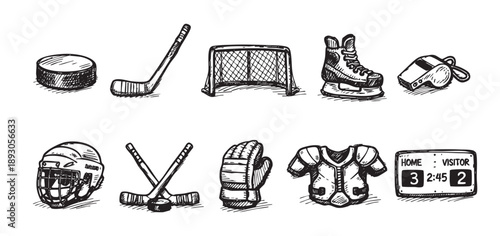 Hand-drawn hockey icons are arranged on white, including puck, stick, net, skate, helmet, jersey, scoreboard. Perfect for sports, kids, or graphic design.