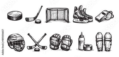 A sketchy hockey puck, stick, net, skates, and other equipment are displayed on a white backdrop. Useful for vector graphics.