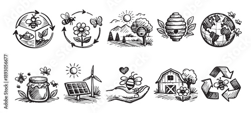 Collection of vector hand-drawn icons related to honey bees, environmental protection, and ecology, all in black and white sketches.