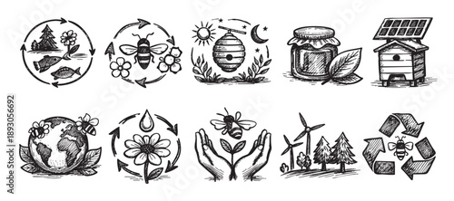 Hand-drawn ecology icons featuring environmental protection, recycling, bees, alternative energy, depicting renewable resources and sustainable practices with rustic sketch style.