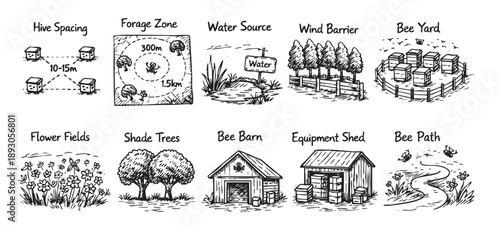 Black and white hand drawn style sketch illustration of elements for beekeeping and creating a successful bee yard on a white background.
