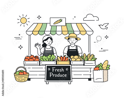Farmers Market Display. Farmers market stand. Fruits and vegetables displayed under a simple canopy, suggesting local trade and everyday freshness. Friendly