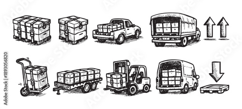 Hand-drawn sketch shows various cargo handling equipment: trucks, forklift, handcart, arrows, and wooden pallets, depicting shipping solutions.