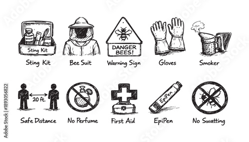 Black and white sketch illustration depicting beekeeper equipment and safety measures against bee stings including bee suit, gloves, smoker, first aid, and warning signs.