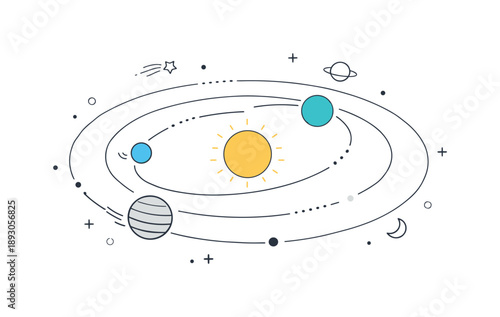 Orbital Harmony Diagram. Planet orbit motion concept. An abstract orbital diagram where planets glide smoothly along curved paths, emphasizing rhythm and