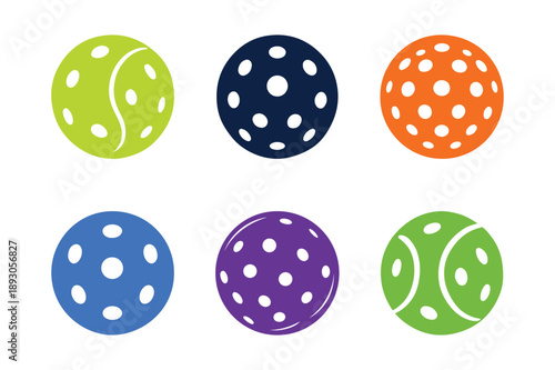 Set of pickleball ball silhouettes in different styles, isolated on white background. 
