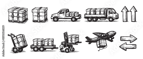 Graphic sketch of delivery methods includes hand truck, van, truck, plane, forklift, arrows and boxes for supply chain and e-commerce visuals.