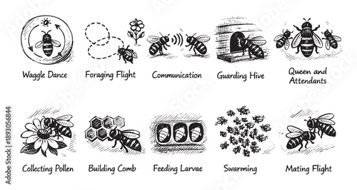 Illustration showing different bees performing activities like waggle dance, foraging, hive guarding, swarming, and mating, in black and white.