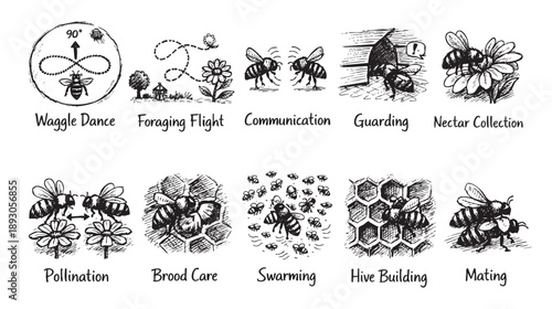 This vector illustration depicts different stages of the bee lifecycle, like waggle dance, foraging, communication, guarding, pollination, swarming, mating, brood care, and hive building.