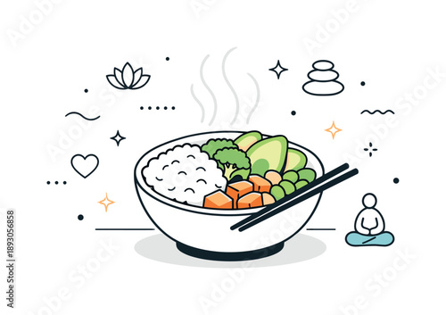 Mindfulness Nourishment. Food for meditation and mindfulness. A bowl of nourishing food placed neatly on a table, steam rising softly with abstract calm