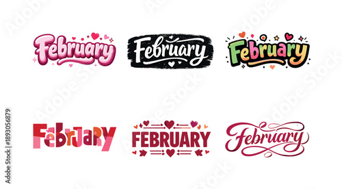 Diverse Lettering Styles. February. Set lettering. harmonious lettering variations of the same emblematic concept, each with different artistic interpretation