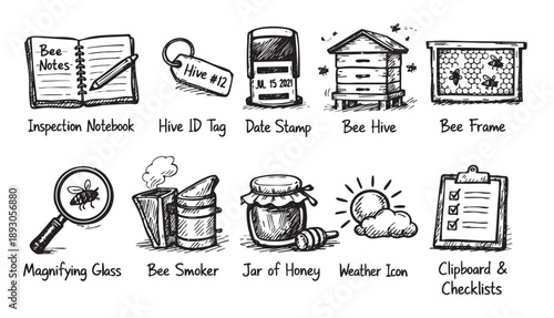 Hand drawn illustration of beekeeper equipment including a hive, smoker, notebook, and more in black and white. Ideal for education, beekeeping, hobby, and agriculture.