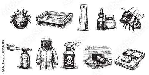 A black and white illustration depicting various pest control elements, including mite, beekeeping tools, poison, rat trap, spray. Use for infestation control, pest management visuals.