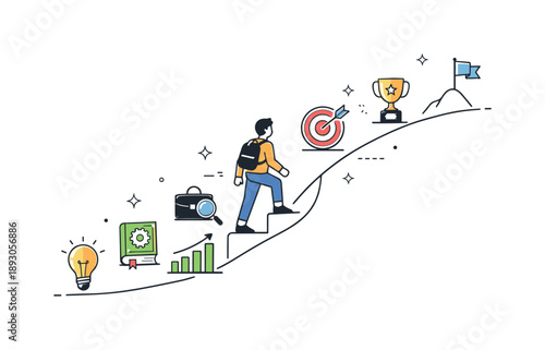 Steady Career Growth. Career development. Person moving upward along a simple path with icons of skills and goals. Sense of steady progress and long-term