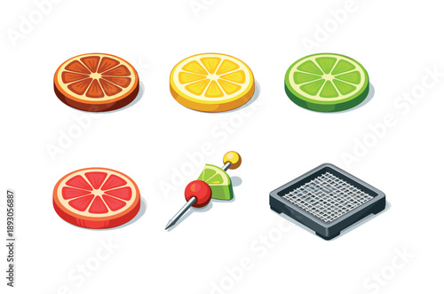 Citrus Garnish Icons. Citrus Garnish. Isometric flat vector icons set of citrus garnish: dehydrated orange wheel, lemon wheel slice, lime wheel
