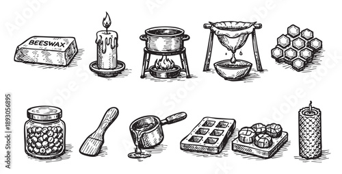 Black and white illustrations of the beeswax crafting process, including beeswax, melting, filtering, and candle making. Detailed, monochrome and perfect for DIY projects.