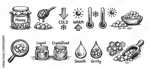 Black and white sketch illustration displaying honey crystallization process, temperature impact, smooth and gritty textures. Ideal for educational or recipe-related designs.