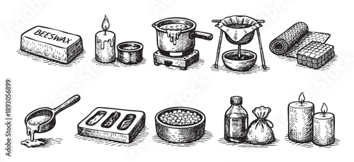 Black and white sketched illustration showcasing the process of candlemaking with beeswax, including melting, molding, and finished candles; suitable for DIY projects.