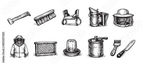 A collection of beekeeping tools in hand drawn style isolated on a white background, perfect for illustrating articles, blogs, or designs about beekeeping.