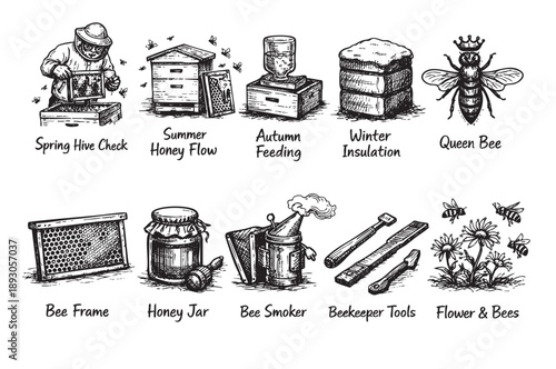 Black and white hand-drawn illustration depicting beekeeping tasks including hive inspection, honey flow, feeding, insulation, tools and the queen bee.