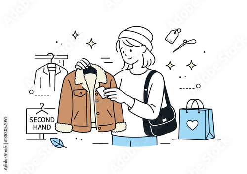 Vintage Jacket Shopping. Second hand shopping. A shopper holding a vintage jacket and checking its details with interest. Thoughtful reuse and appreciation of