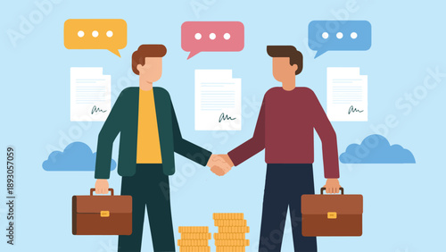 Two businessmen shaking hands after signing a contract for successful partnership, financial growth and business deal concept.