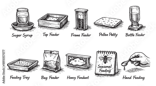 A hand-drawn illustration showcases various bee feeding methods, including sugar syrup, pollen patty, fondant, and hand feeding techniques for beekeeping and hive management.