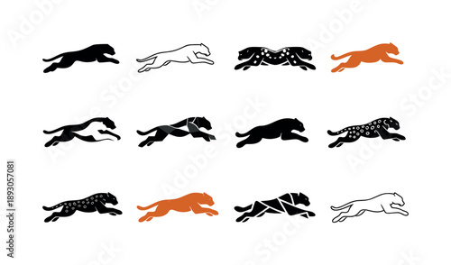 Leopard Emblem Logos. Leopards. Icon set. Set Logo of Leopards: leaping leopard body. harmonious logo variations of the same emblematic concept, each with