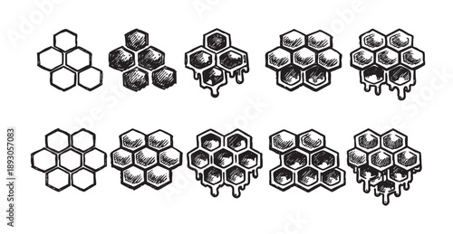 Hand-drawn honeycomb vector set in black and white, with various designs and dripping honey, useful for illustrating organic products and natural sweetness.