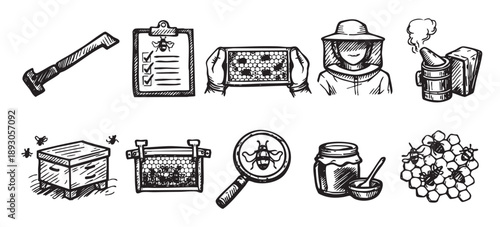 Black and white hand-drawn style vector illustration featuring a collection of beekeeping tools, hive elements, and apiary essentials ideal for crafting vintage-inspired designs.