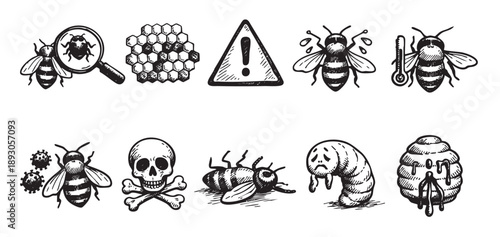 Hand drawn illustration showing bees facing various threats, symbolizing colony collapse, including disease, pests, climate change, and environmental dangers. Ideal for conservation awareness.