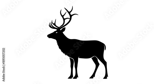 Black silhouette deer with large wooden antlers facing left on white