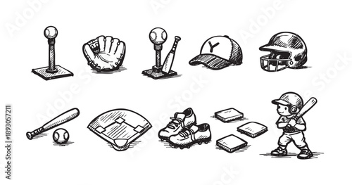 Illustration featuring baseball equipment and a player sketch on a white background, perfect for sport-related designs or educational materials.