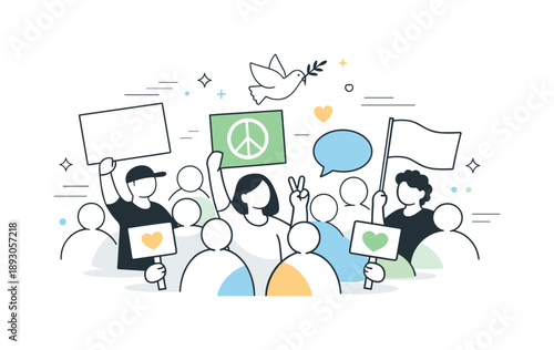 Calm Activism Poster. Peaceful Protest Concept. Modern editorial poster illustration with abstract crowd shapes and gentle motion lines, suggesting calm